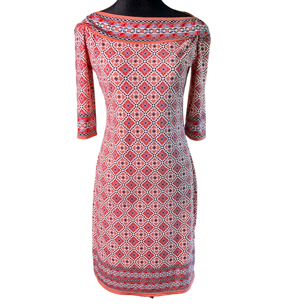NWT Max Studio Coral Geometric Tile Print Boatneck Sheath Midi Dress Small 3/4 S
